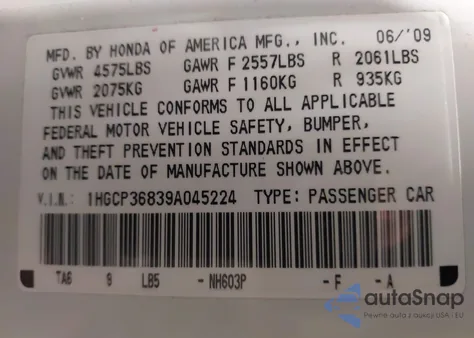 2009 Honda Accord 3.5 Ex-L from USA, damaged, VIN 1HGCP36839A045224